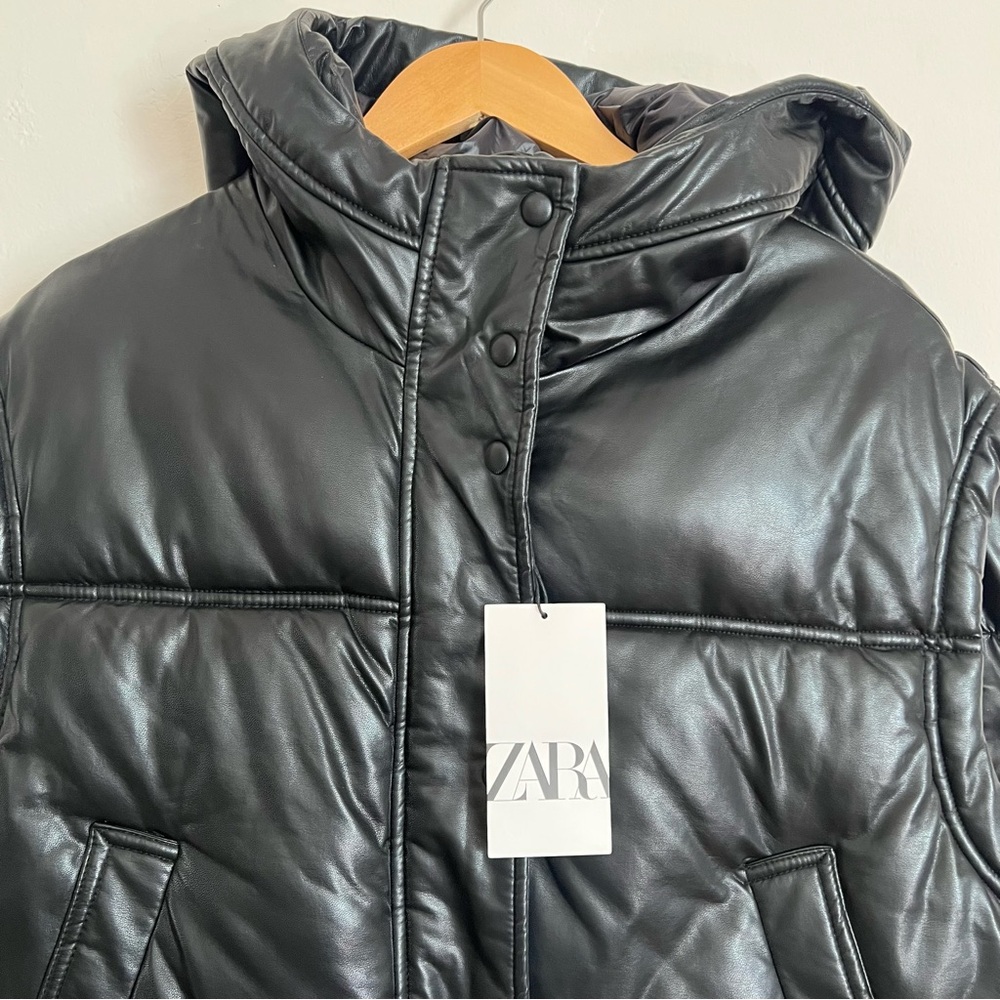 Zara Black Quilted Faux-Leather Puffer Vest - Picture 7 of 11